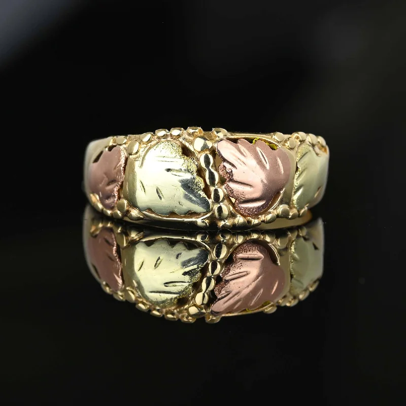 Shiny name rings-Vintage Wide Tricolor Gold Leaf Ring Band