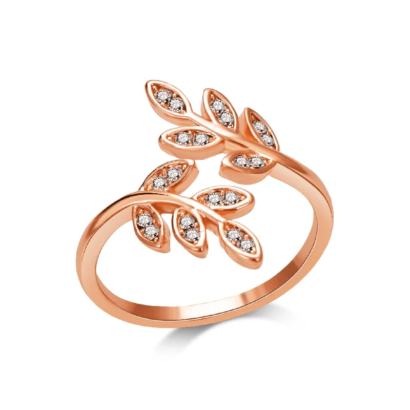 Wide cocktail rings-Rose Gold Plated Adjustable Leaf Ring Created with Zircondia® Crystals