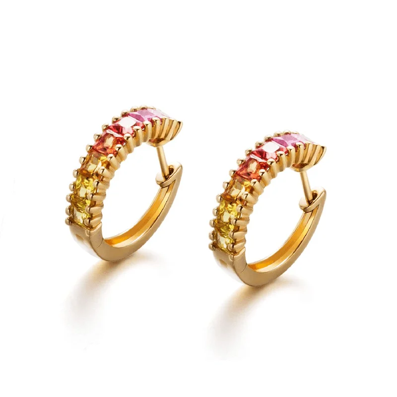 Trekker weave earrings-"Sunrise" Yellow And Red Color Sapphire Hoop Earrings In 18K Yellow Gold