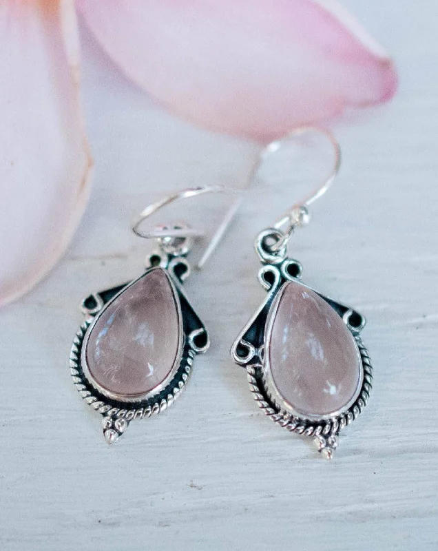 Vintage flair earrings-Rose Quartz Earrings ~ Sterling Silver 925 ~ ME016