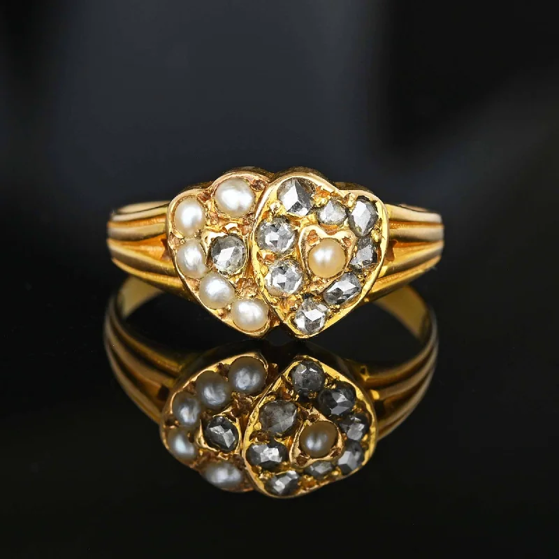 Woven cord rings-Georgian 15K Gold Rose Cut Diamond Double Heart Ring