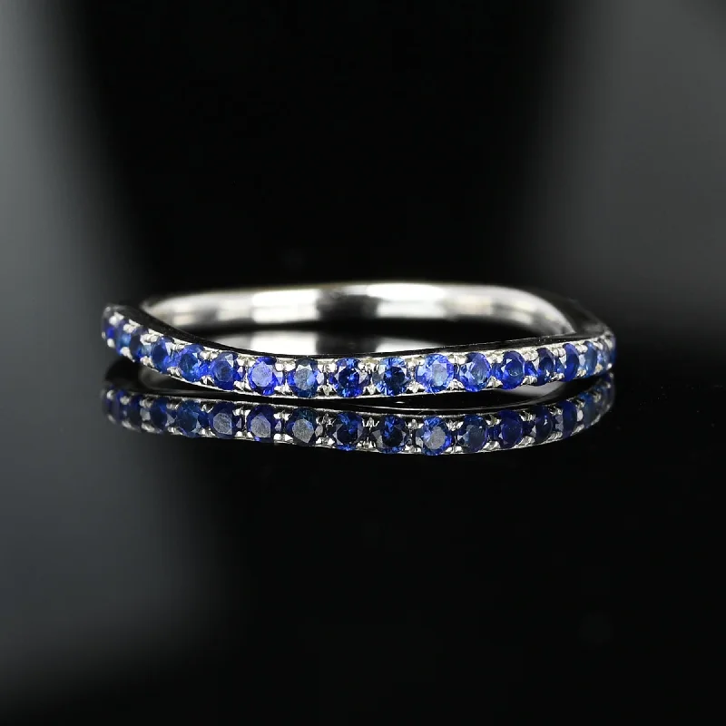 High band rings-Vintage 14K White Gold Wave Sapphire Ring Band