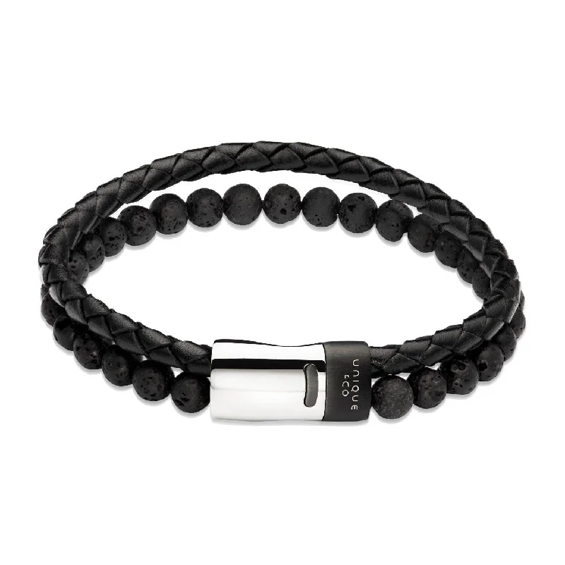 Unique & Co 2-Row Black Lava Rock and Leather Bracelet