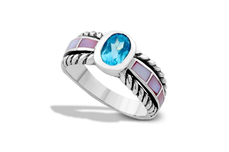 Topaz rings-Pendana Ring- Blue Topaz/ Pink Mother of Pearl