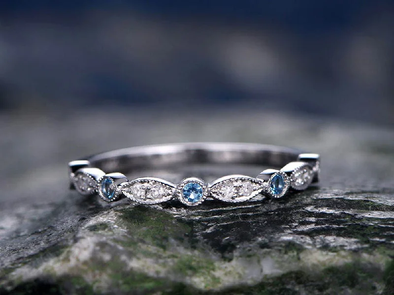 Tiny dot engagement rings-Blue topaz wedding ring 14k white gold diamond ring half eternity art deco marquise matching wedding band bridal anniversary promise ring