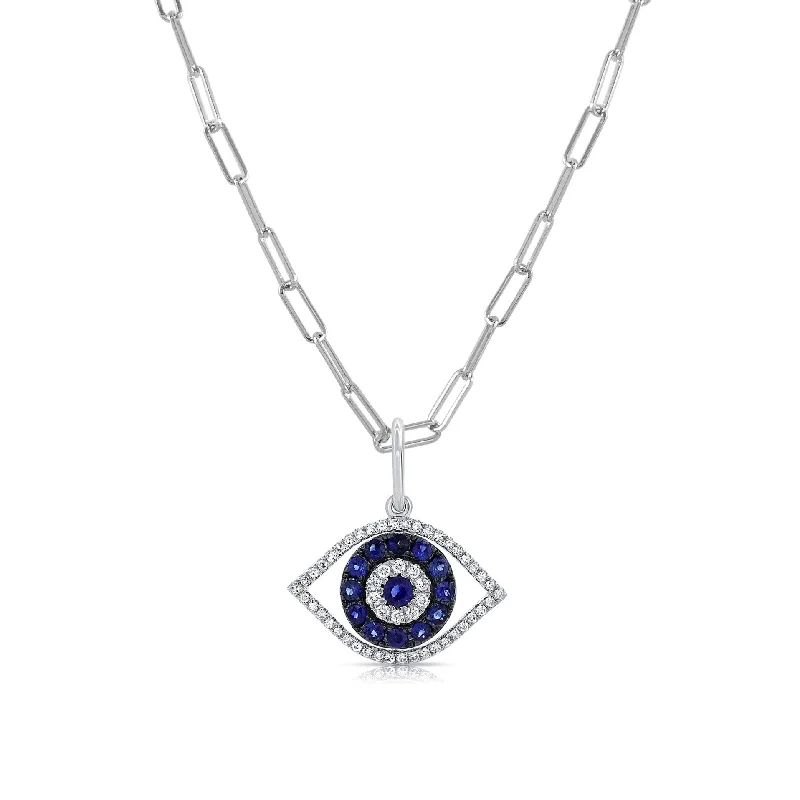 Galaxy charm necklaces-Joelle Evil Eye Sapphire & Diamond Necklace 14K White Gold on 16-inch Paperclip Chain