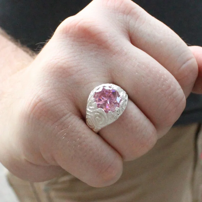 Flow style rings-Large Men's Oval ring with October Birthstone Pink CZ