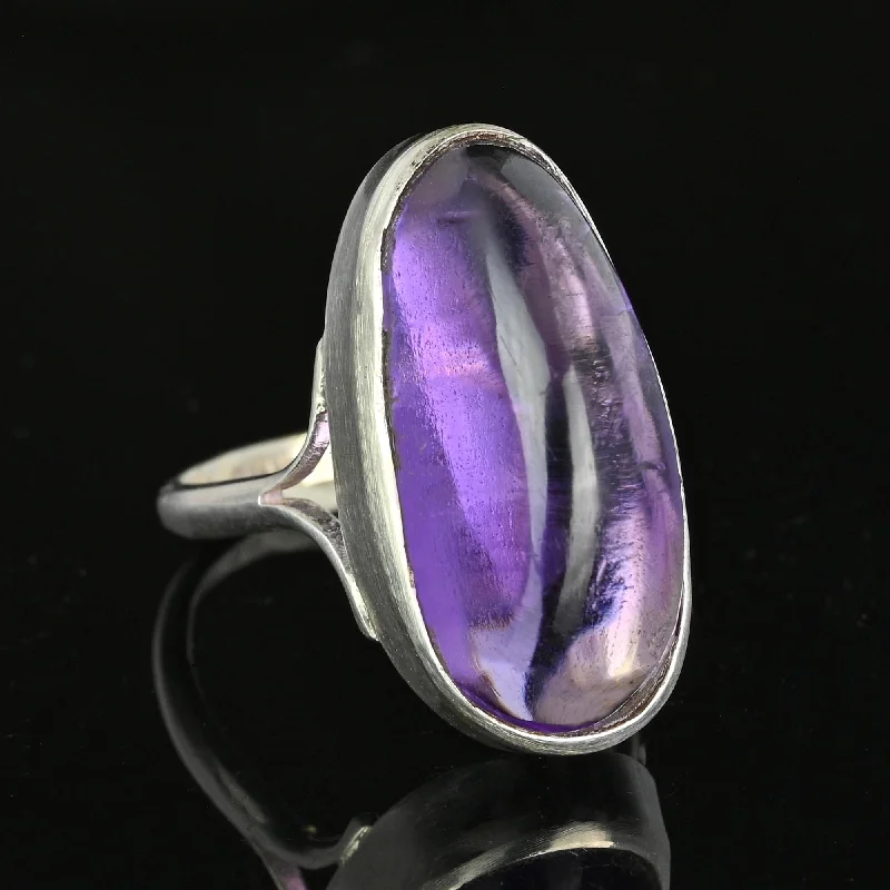 Cord edge rings-Large Scottish Amethyst Cabochon Ring in Silver