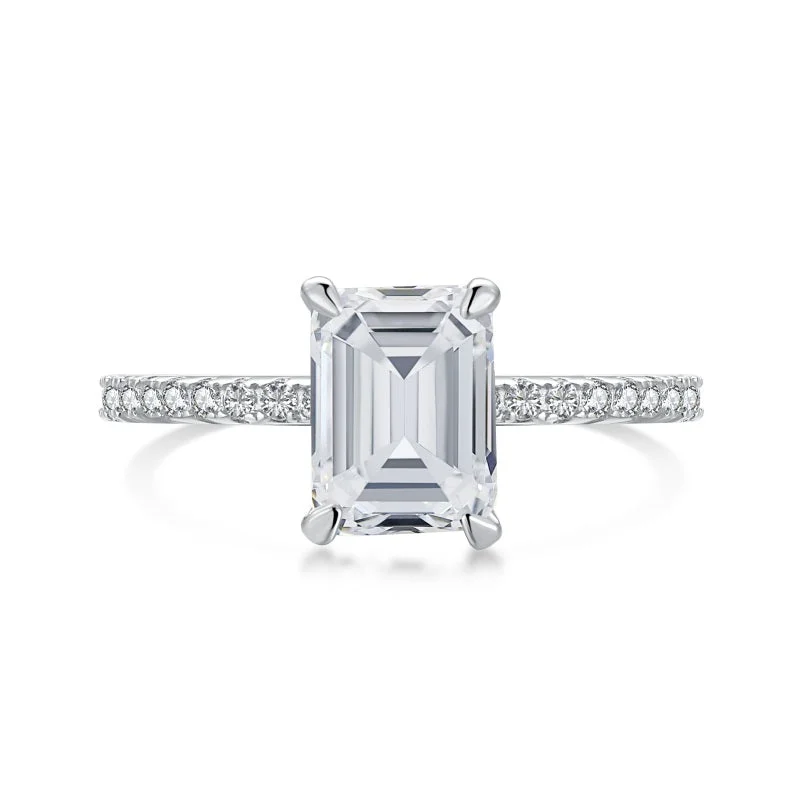 Light wood engagement rings-Silver Emerald Cut Diamond Ring