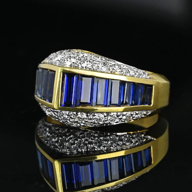 Radiant star rings-18K Gold Diamond Cluster Baguette Sapphire Ring