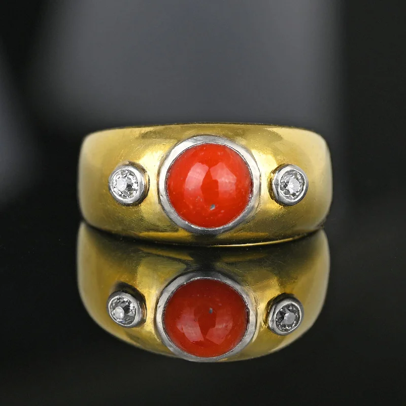 Rustic lock rings-Antique 18K Gold Diamond Mediterranean Coral Ring Band