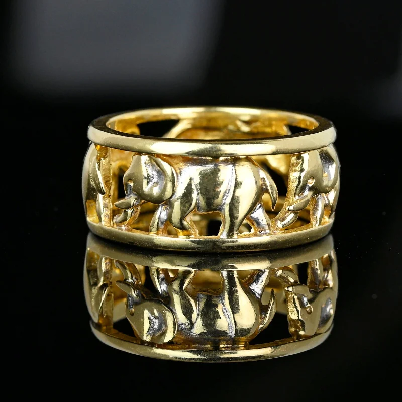 Woven cord rings-Vintage Wide 14K Gold Cutout Elephant Ring Band