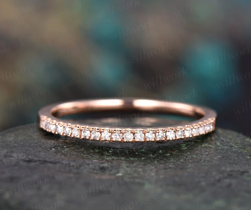 Polished bead engagement rings-Vintage diamond ring for women rose gold half eternity diamond wedding band diamond jewelry matching stacking band bridal anniversary gift