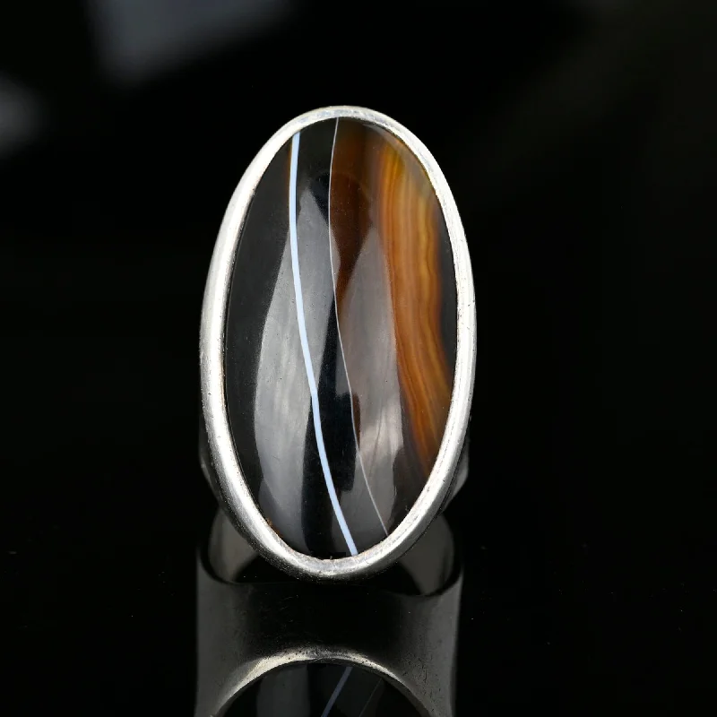 Topaz rings-Huge Vintage Scottish Black Banded Agate Ring in Silver