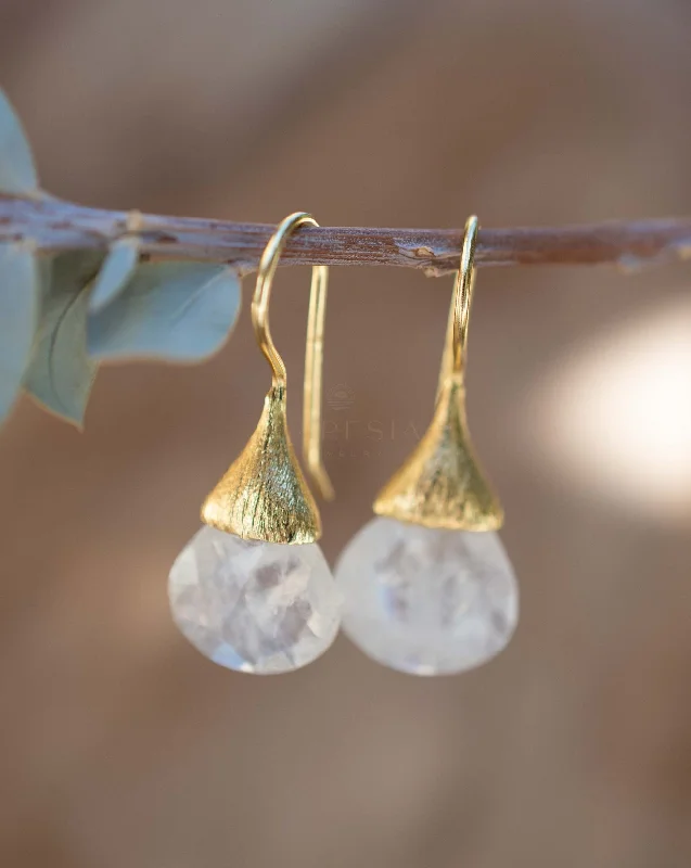 Solid ring earrings-Moonstone Tear Drop Earrings ~ Gold Plated ~ ME225