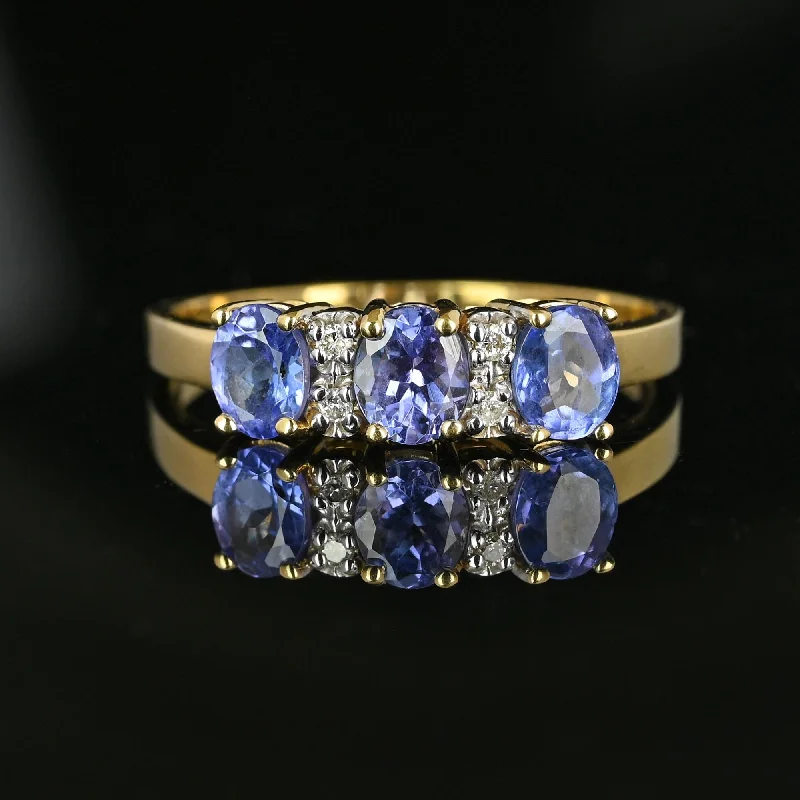 Dove feather rings-Vintage 14K Gold Three Stone Diamond Tanzanite Ring