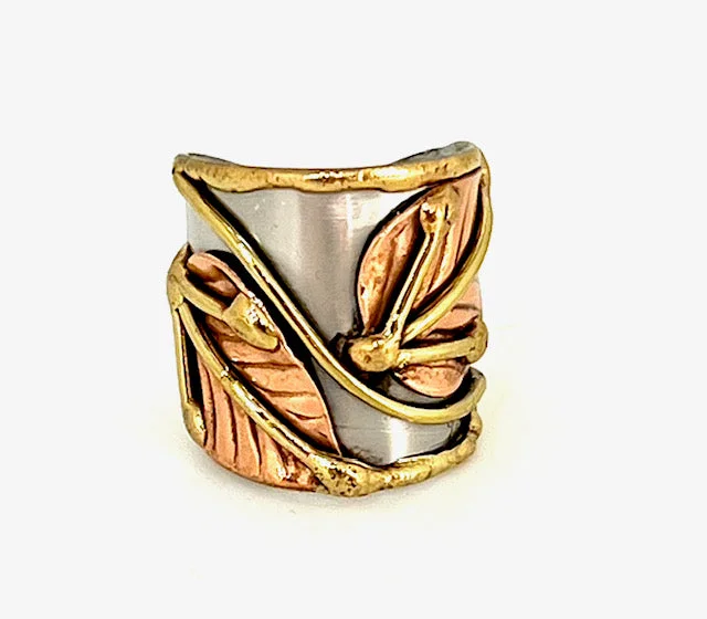 Satin silver rings-Multi Metal Adjustable Artisan Ring - Leaves