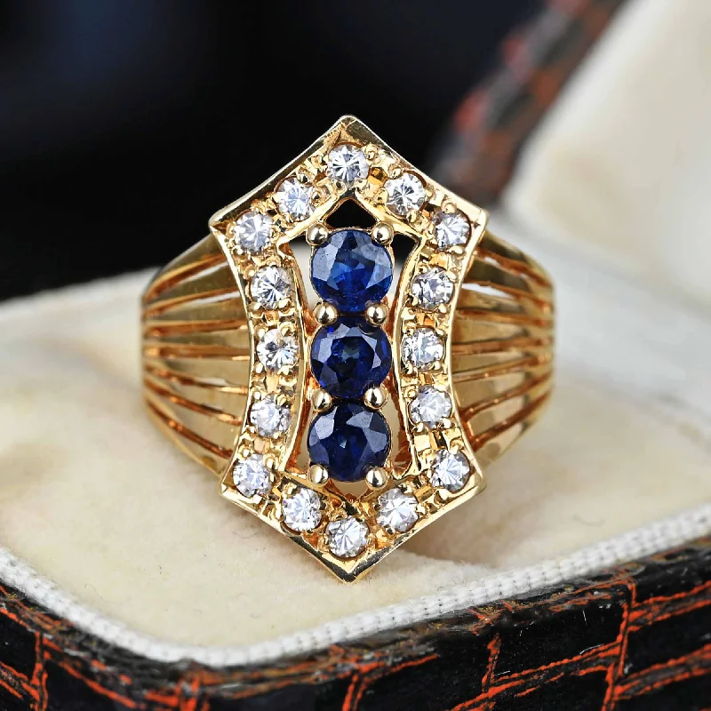 Dove feather rings-Vintage Shield 14K Gold Diamond Halo Sapphire Ring