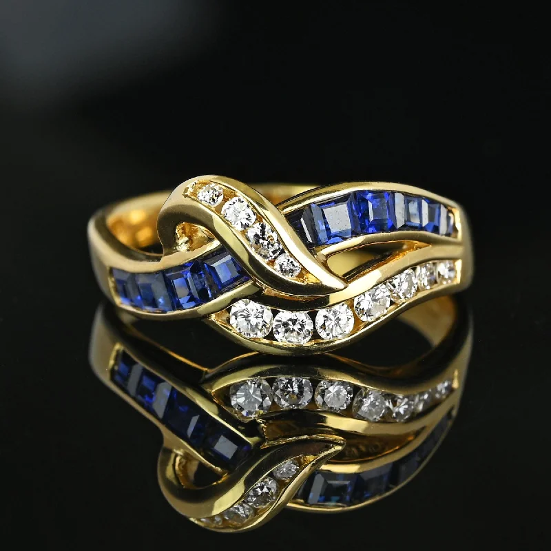 Topaz inlay rings-Vintage 14K Gold Ribbon Style Diamond Sapphire Ring