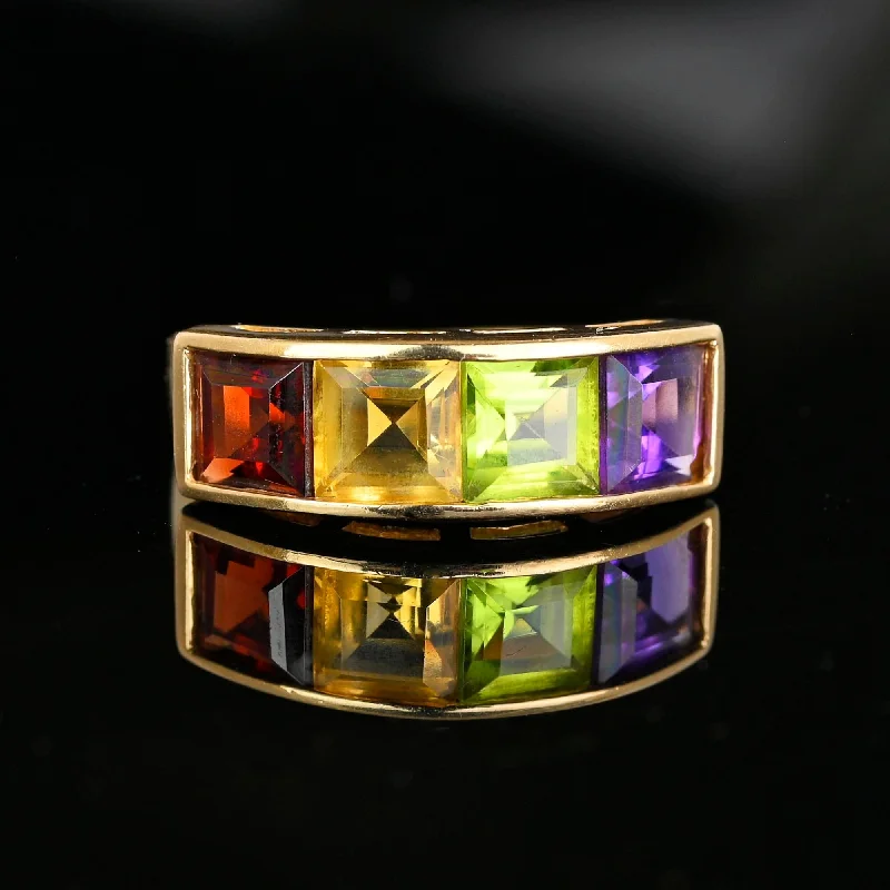 Petal carved rings-Vintage 14K Gold Gemstone Ring Band, Citrine Peridot Amethyst Garnet