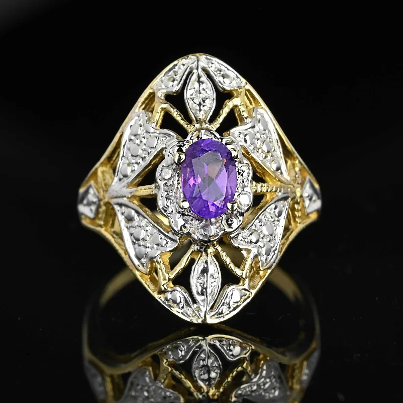 Vivid diamond rings-10K White & Yellow Gold Floral Panel Amethyst Ring