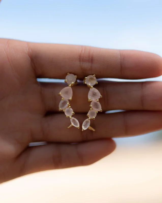 Victorian style earrings-Rose Quartz Ear Climber Earrings ~ 18k Gold Plated ~ ME174