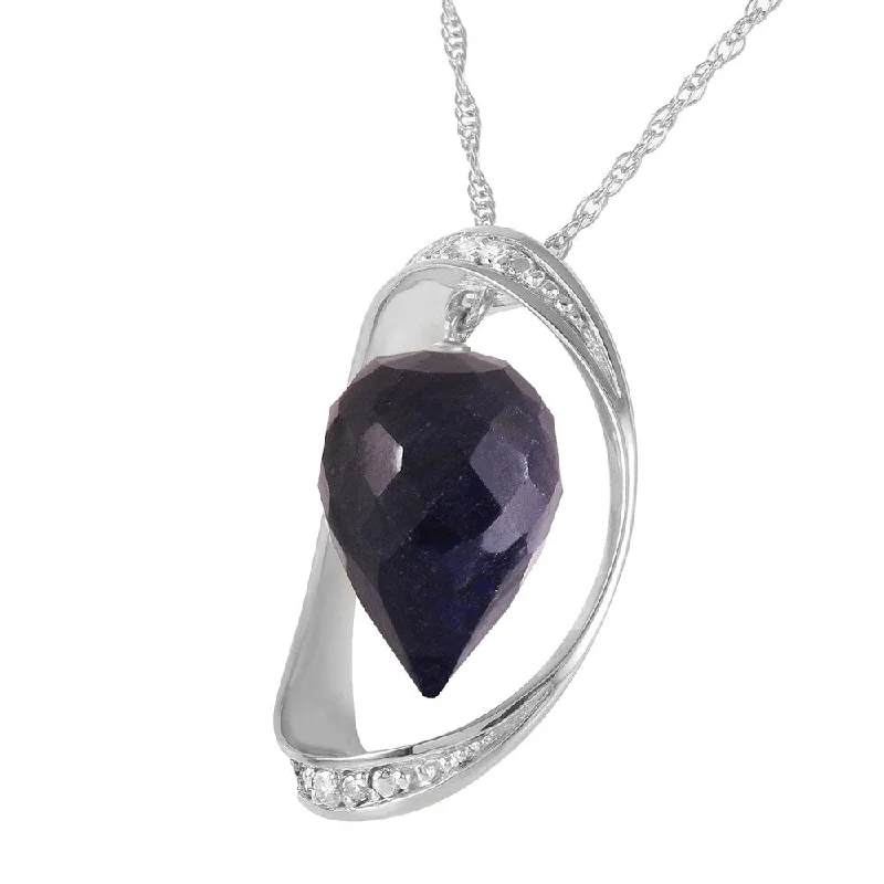 Victorian style necklaces-14K Solid White Gold Necklace with Diamonds & Briolette Pointy Drop Dyed Sapphire