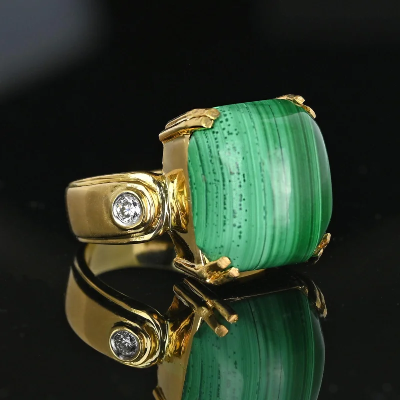 Multi-stone rings-Heavy 18K Gold 14CTW Cabochon Malachite Ring w Diamond Accents