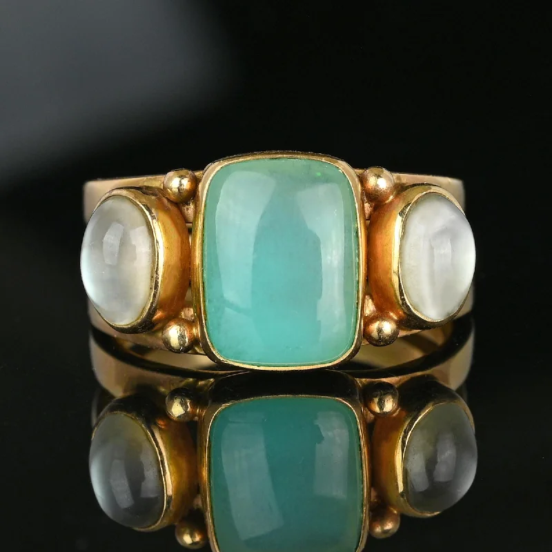 Textured letter rings-14K Gold Green Chrysoprase Cabochon Moonstone Ring