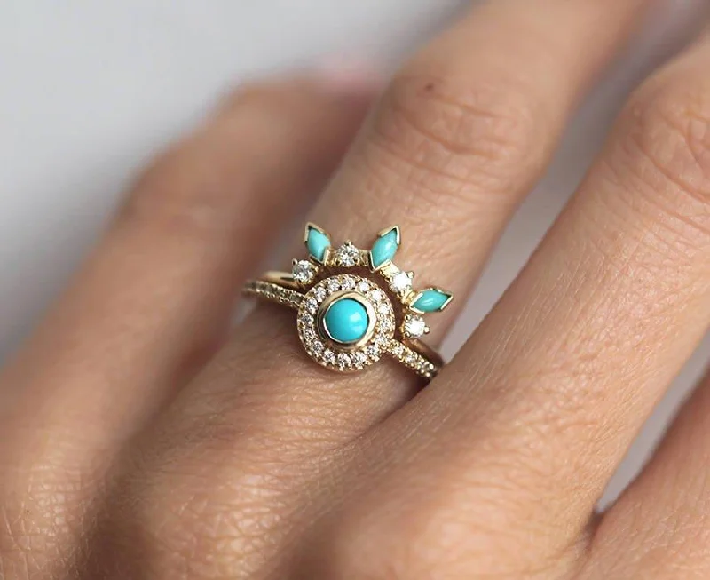 Tri-tone engagement rings-Dreamcatcher Ring Set, Turquoise Diamond Ring Set