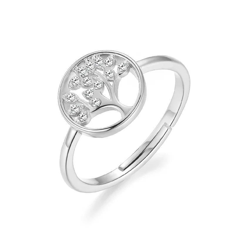 High band rings-Silver Plated Tree of Life Ring Created with Zircondia® Crystals