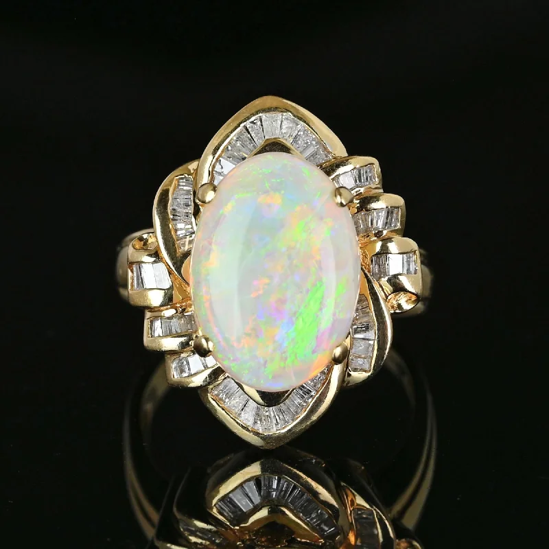 Mystic eye rings-Vintage 14K Gold Baguette Diamond Opal Cocktail Ring