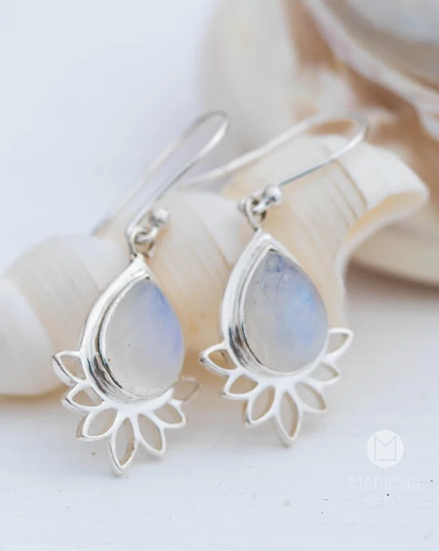 Thin threader earrings-Lotus flower Turquoise or Moonstone Earrings ~  Sterling Silver 925 ~ ME155A