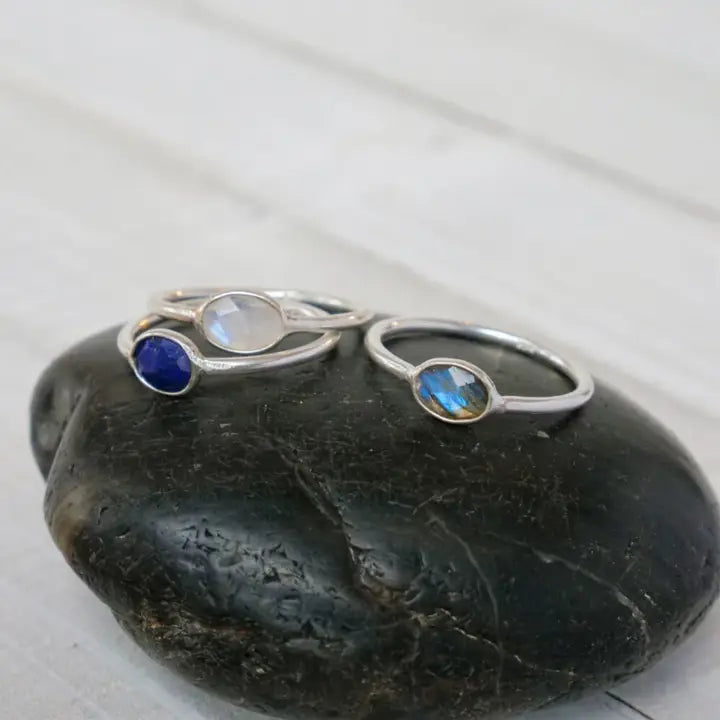 Silk cord rings-Simple sterling silver band with faceted Lapis stone