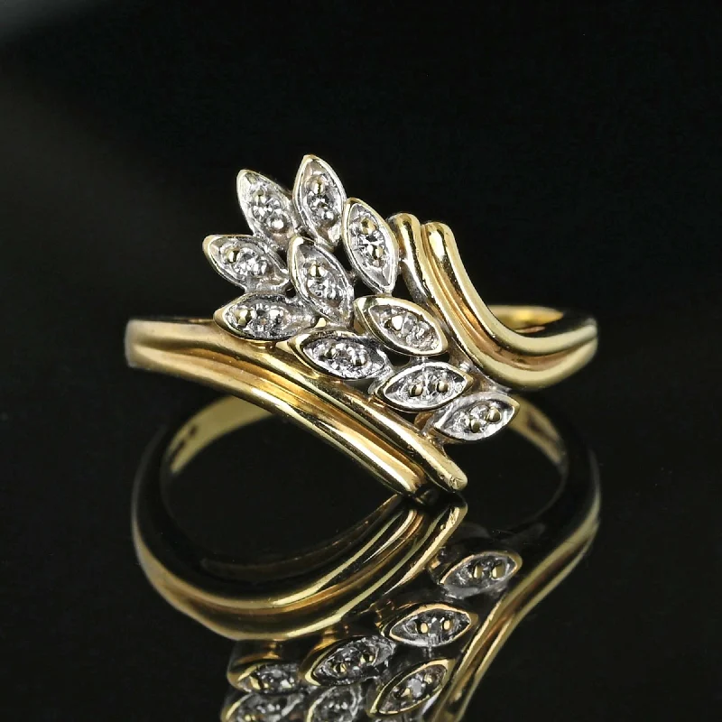 Light filigree rings-Vintage 10K Gold Bypass Diamond Leaf Ring