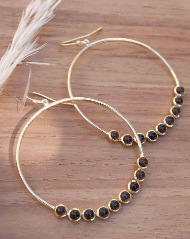 Layered tier earrings-Smoky Quartz Large Round 18k Gold Plated Earrings ~ ME209