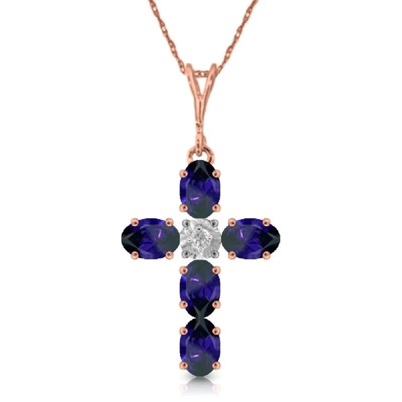 Thai style necklaces-1.88 Carat 14K Solid Rose Gold Cross Necklace Natural Diamond Sapphire