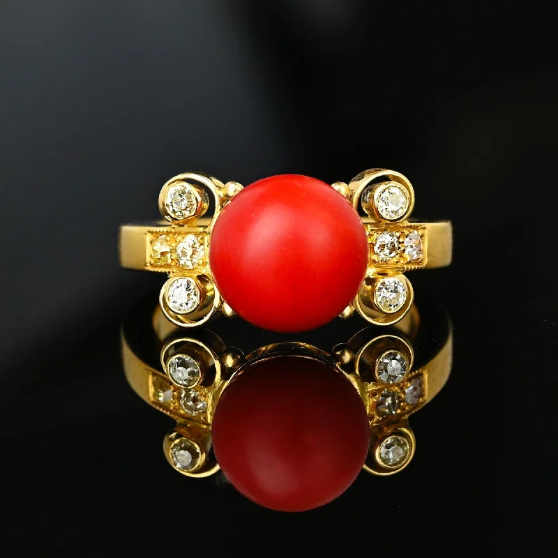 High gloss rings-18K Gold Diamond Large Red Orange Mediterranean Coral Ring