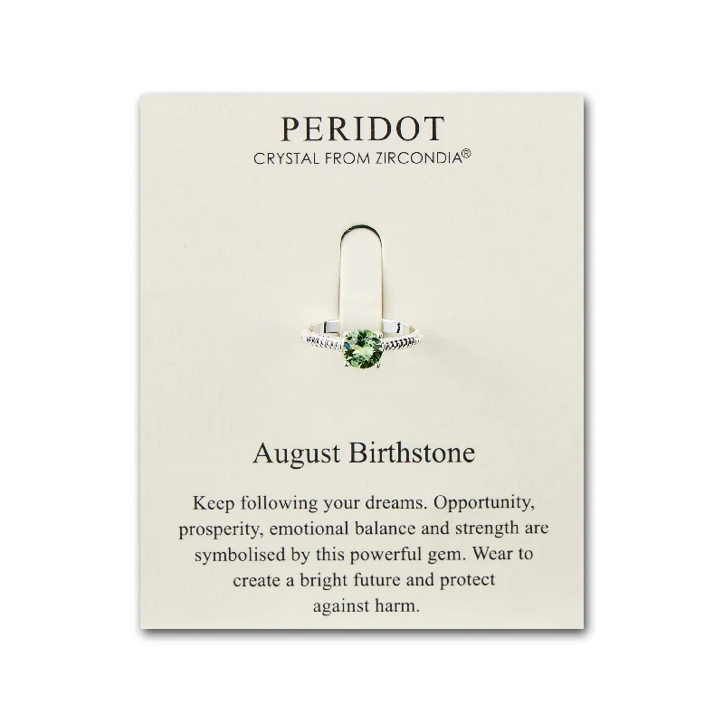 Fluid art rings-August (Peridot) Adjustable Birthstone Ring Created with Zircondia® Crystals