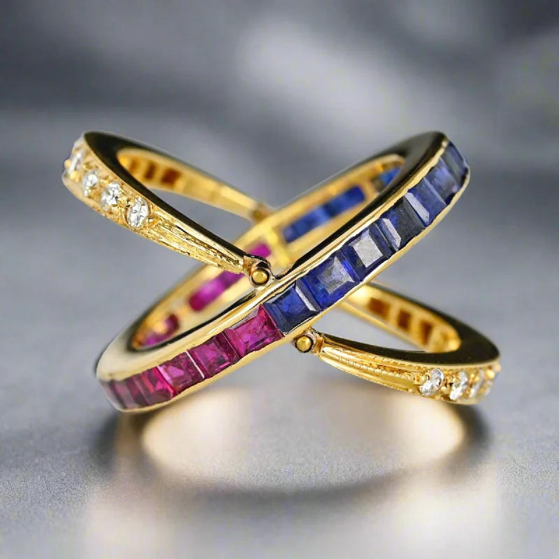 Cotton cord rings-Art Deco 18K Gold Diamond Sapphire Ruby Flip Ring