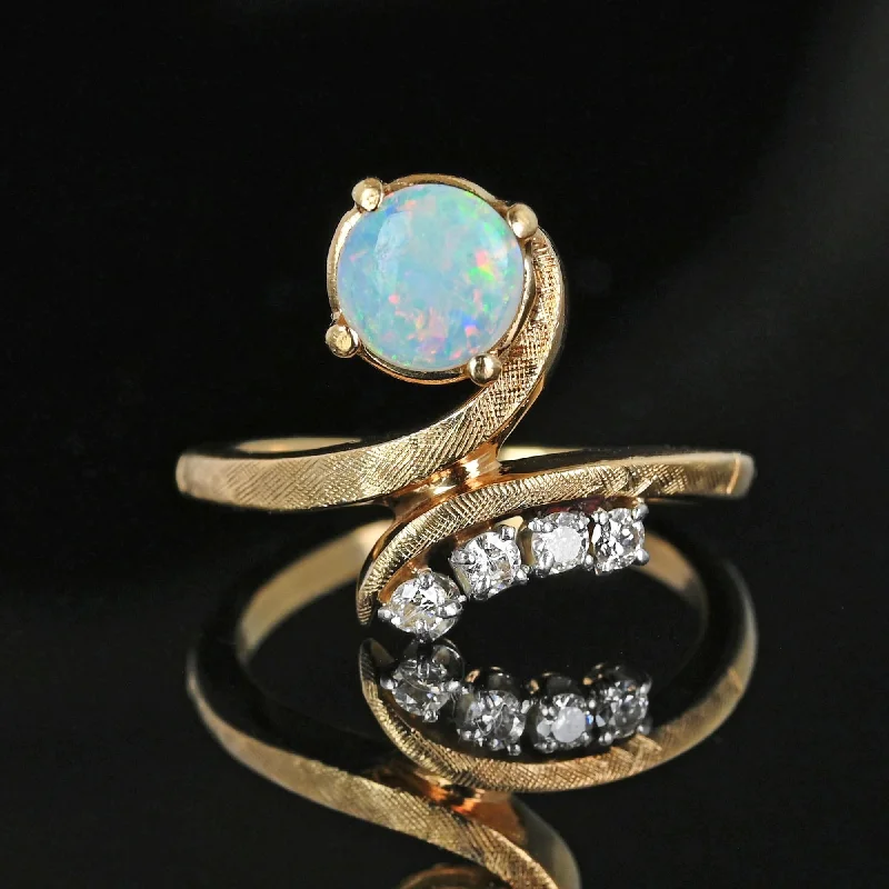 Reef knot rings-Vintage 14K Gold Bypass Diamond and Opal Ring