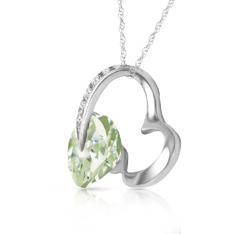 Vine braid necklaces-14K Solid White Gold Heart Necklace with Natural Diamond & Green Amethyst