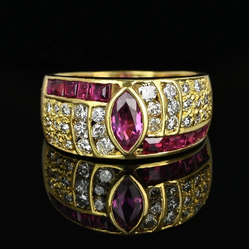 Pure crystal rings-Wide 18K Gold Diamond Marquise Ruby Ring Band