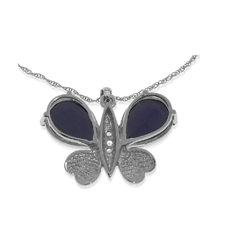 Heavy collar necklaces-14K Solid White Gold Batterfly Necklace with Natural Diamonds & Sapphires