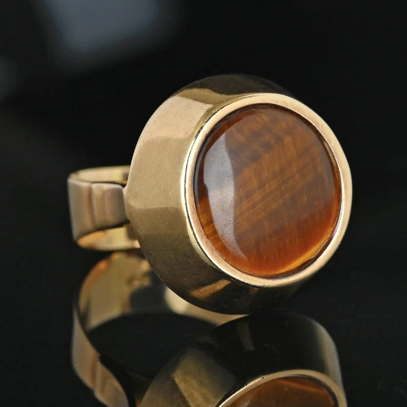 Tiered design rings-Heavy Modernist 14K Gold Tigers Eye Ring, 9.5 Grams