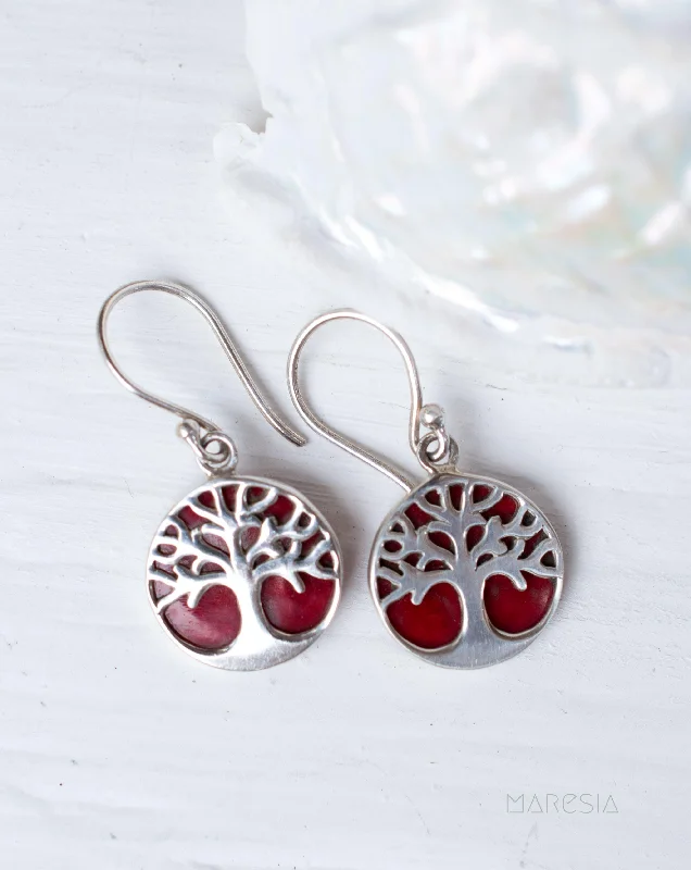 Agate drop earrings-Tree of Life Coral Earrings ~ Sterling Silver 925 ~ SME069