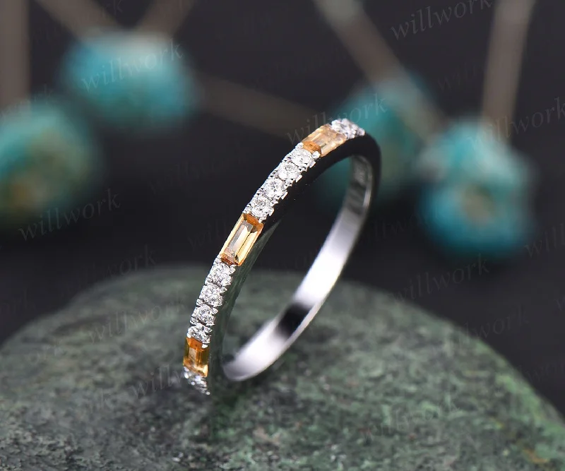 Satin finish engagement rings-Rectangle citrine wedding ring vintage diamond wedding band solid 14k white gold dainty diamond ring for women bridal anniversary ring gift