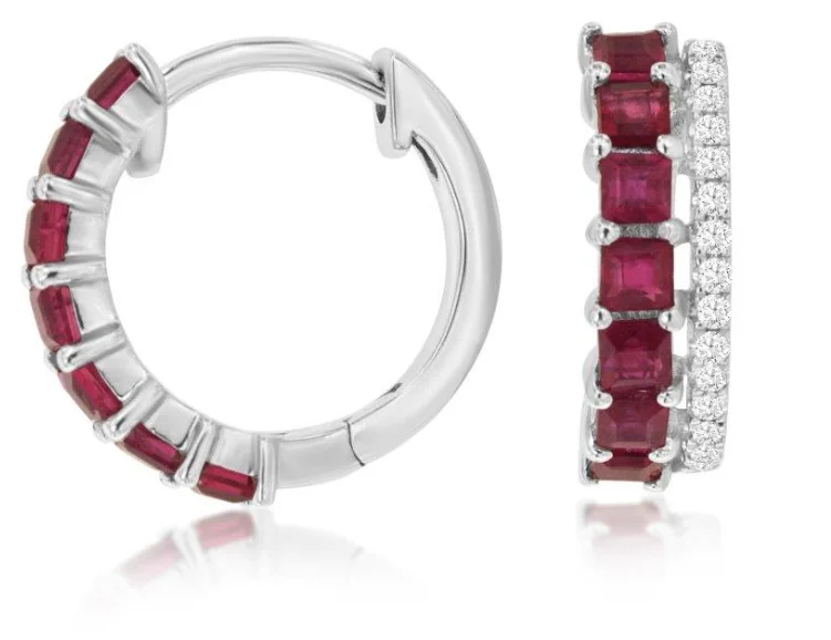 Wide hoop earrings-14k white gold ruby and diamond hinged hoop earrings