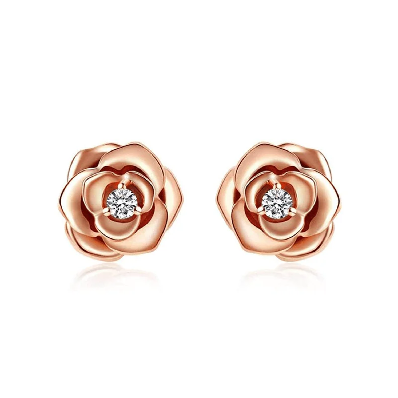 Wave drop earrings-FANCIME "My Rose" Diamond Rose 14k Rose Gold Stud Earrings