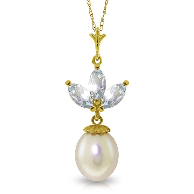 Faith charm necklaces-4.75 Carat 14K Solid Gold Necklace pearl Aquamarine